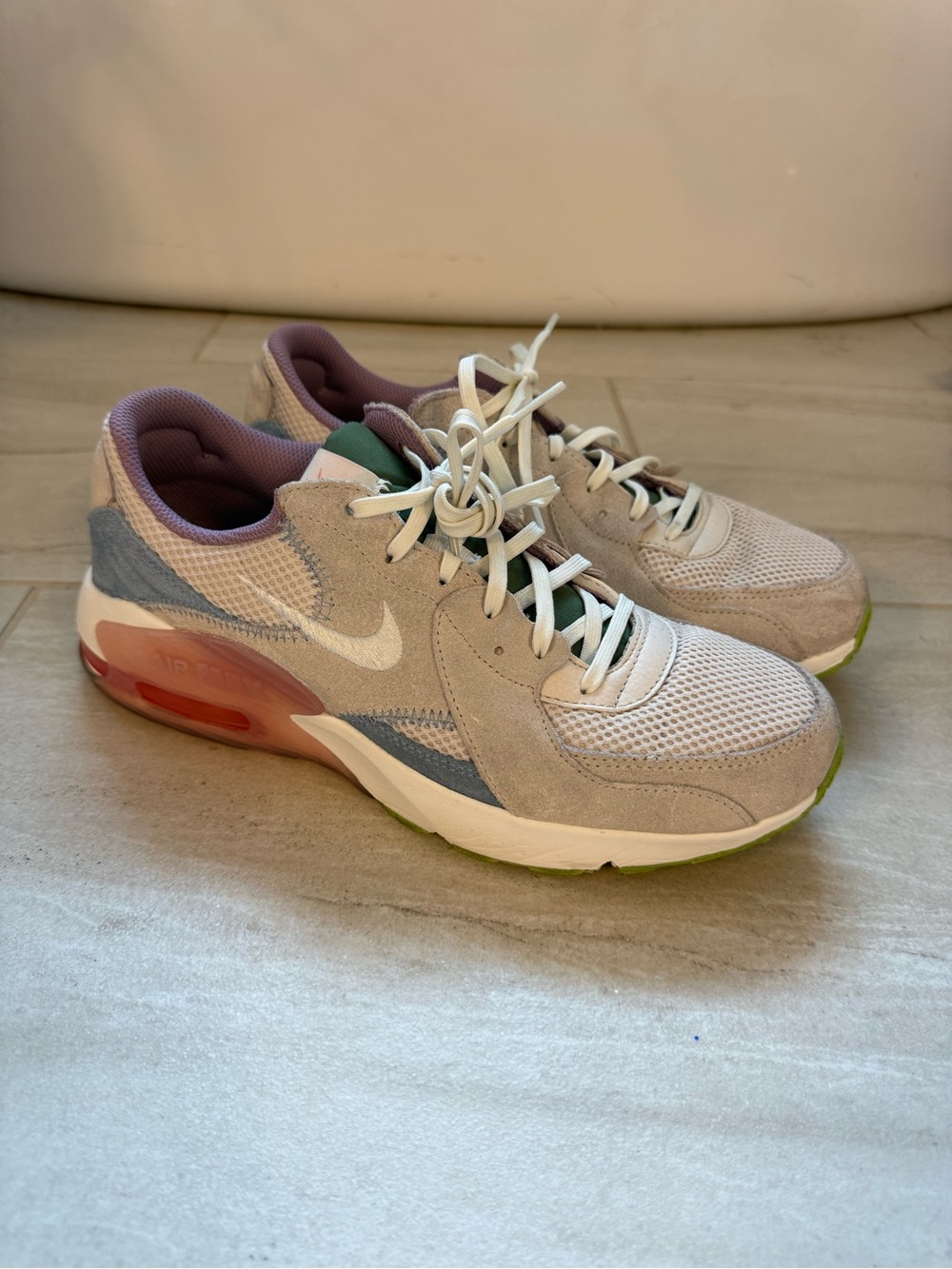 Nike AirMax Women’s Light Beige Mesh & Suede Sneakers w/ Pink and Purple Accents
